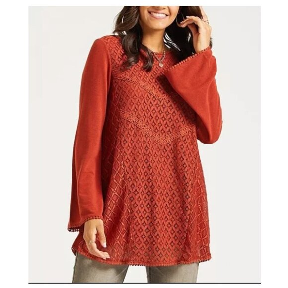 Women's Suzanne Betro Rust Pom Pom Trim Eyelet Lace Tunic Top Sz Large - Picture 1 of 7